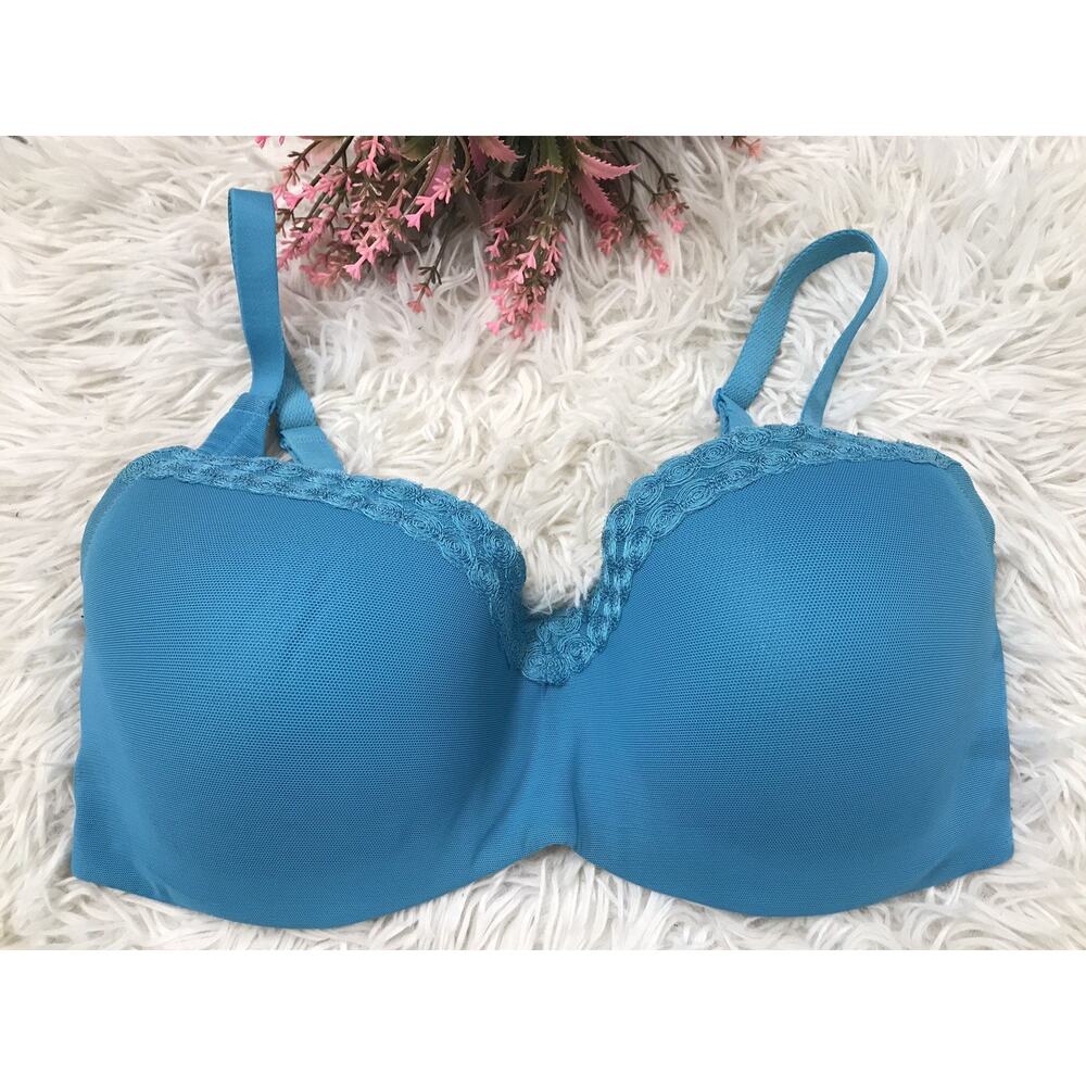 Women's Le Mystere Turquoise Lace Mesh Plunge T-Shirt Bra Underwire Size 34DD/E